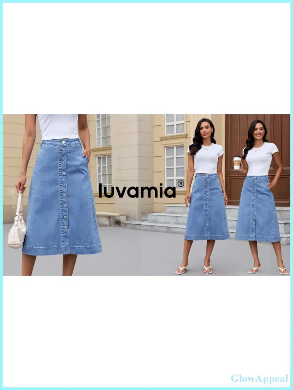 Denim A-Line Midi Skirt High Waist Stretchy with Pockets Button Front